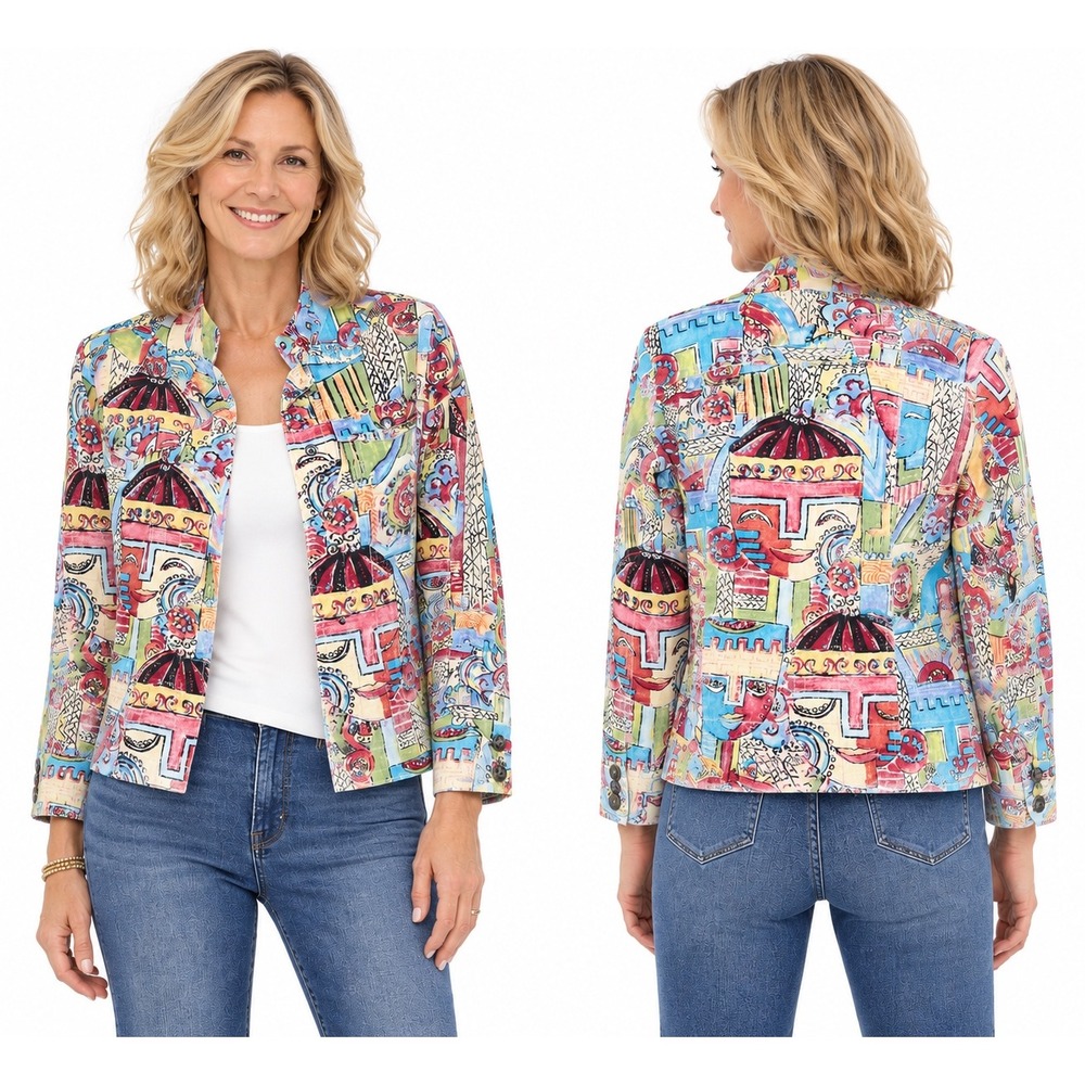 Chicos Multicolor Small Abstract Face Art Print Linen Blend Button Front Jacket